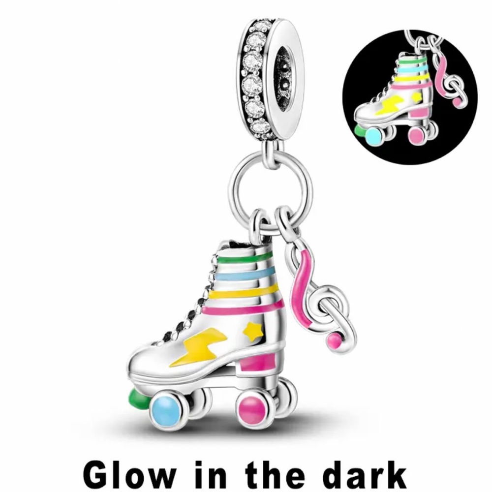 NWOT Retro Roller Skate Glow in the Dark Pendant Dangle Charm Sterling Silver